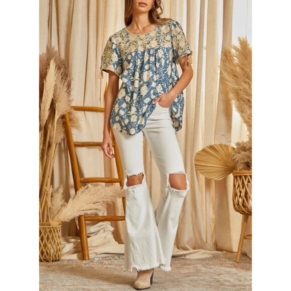 Savanna Jane 2X Embroidered Boho Peasant Top Blue Floral Tassel Sleeve Tunic - Picture 13 of 13
